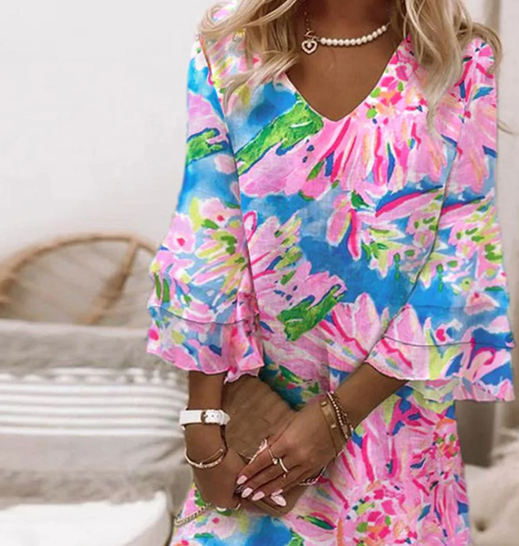 Robe Mini à Manches Cloches Rose Douce