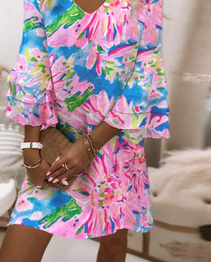 Robe Mini à Manches Cloches Rose Douce