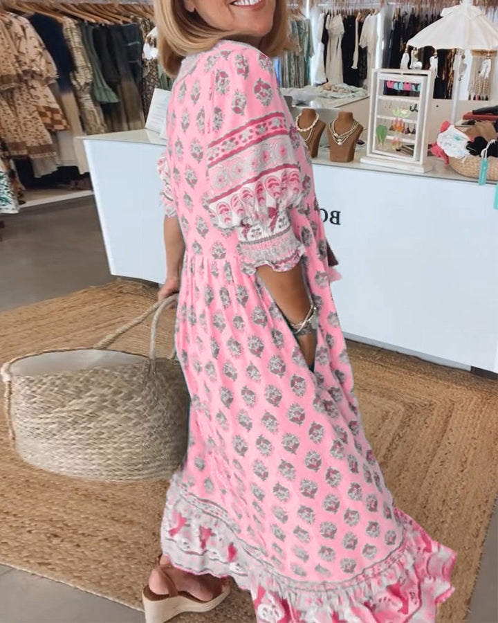 Miya - Robe Décontractée Imprimée à Col V à Manches Mi-Longues