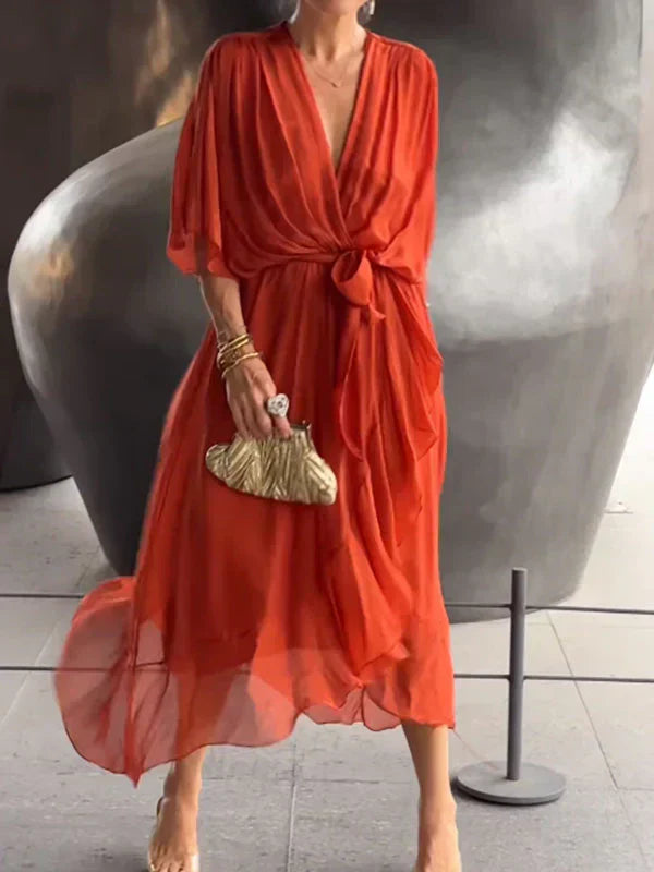 Monique | Robe en mousseline de soie à col en V